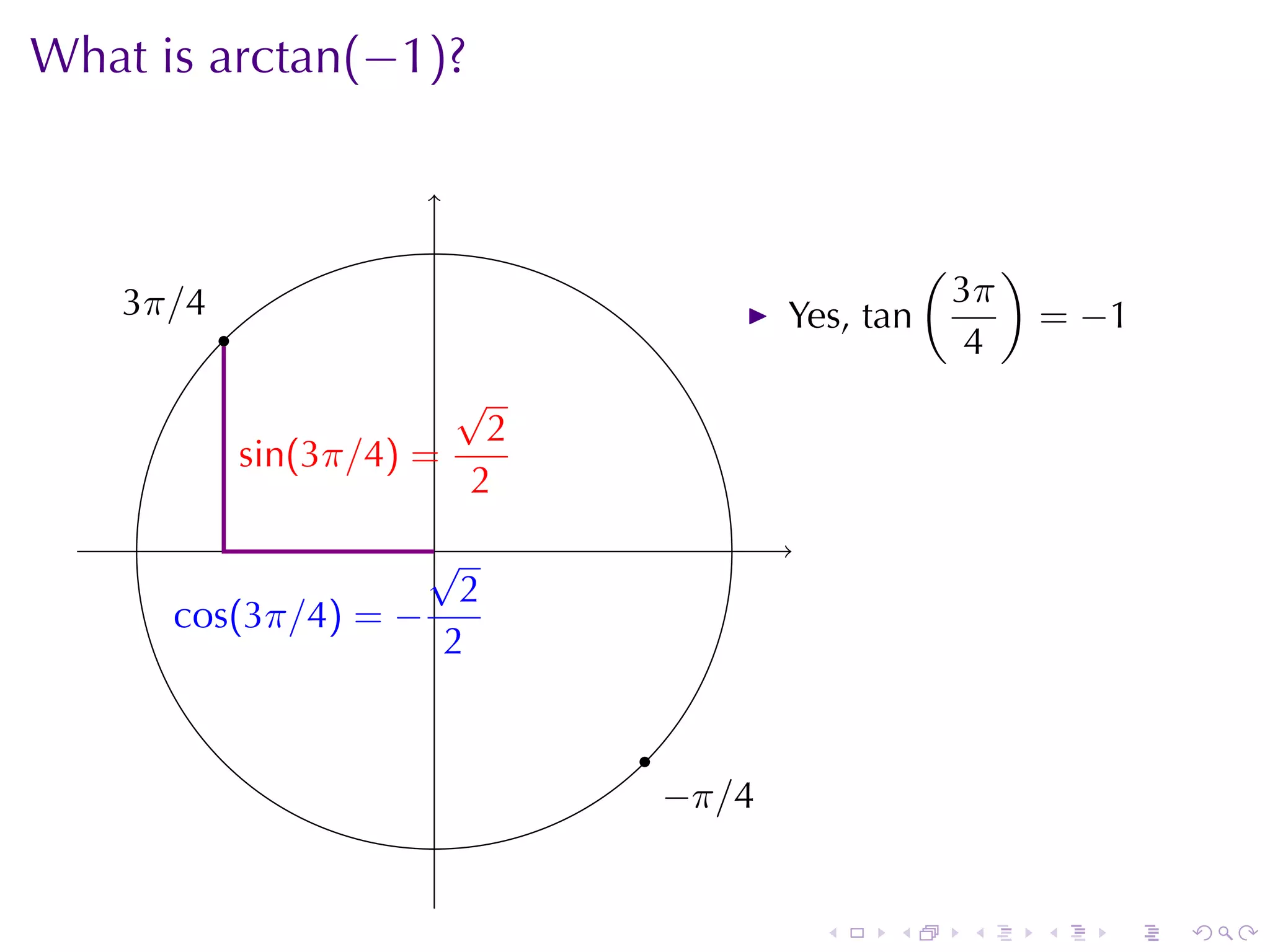 What	is arctan(−1)?

                          .

                                                          (        )
    3
    . π/4                                                     3π
            .                                 Yes, tan                 = −1
                                                               4
                             √
                              2
                s
                . in(3π/4) =
                             2
                      .
                      √                       .
                        2
       . os(3π/4) = −
       c
                       2

                                  .
                                      −
                                      . π/4


                                                  .   .       .        .   .   .
 
