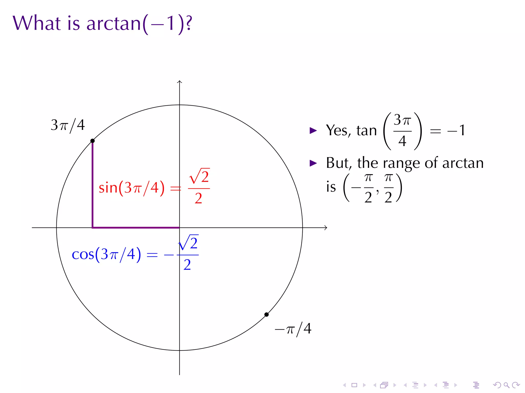 What	is arctan(−1)?

                          .

                                                          ( )
    3
    . π/4                                                3π
            .                                 Yes, tan        = −1
                                                          4
                             √                But, the	range	of arctan
                                                ( π π)
                              2
                s
                . in(3π/4) =                  is − ,
                             2                      2 2
                      .
                      √                       .
                        2
       . os(3π/4) = −
       c
                       2

                                  .
                                      −
                                      . π/4


                                                  .   .       .   .   .   .
 