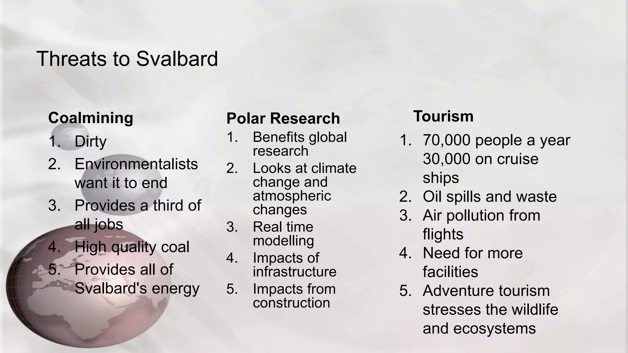 Threats to Svalbard
Coalmining
1. Dirty
2. Environmentalists
want it to end
3. Provides a third of
all jobs
4. High quality coal
5. Provides all of
Svalbard's energy
Polar Research
1. Benefits global
research
2. Looks at climate
change and
atmospheric
changes
3. Real time
modelling
4. Impacts of
infrastructure
5. Impacts from
construction
Tourism
1. 70,000 people a year
30,000 on cruise
ships
2. Oil spills and waste
3. Air pollution from
flights
4. Need for more
facilities
5. Adventure tourism
stresses the wildlife
and ecosystems
 