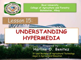 Bicol University
College of Agriculture and Forestry
Guinobatan, Albay
UNDERSTANDING
HYPERMEDIA
3rd year Bachelor of Agricultural Technology
major in Agricultural Education
 