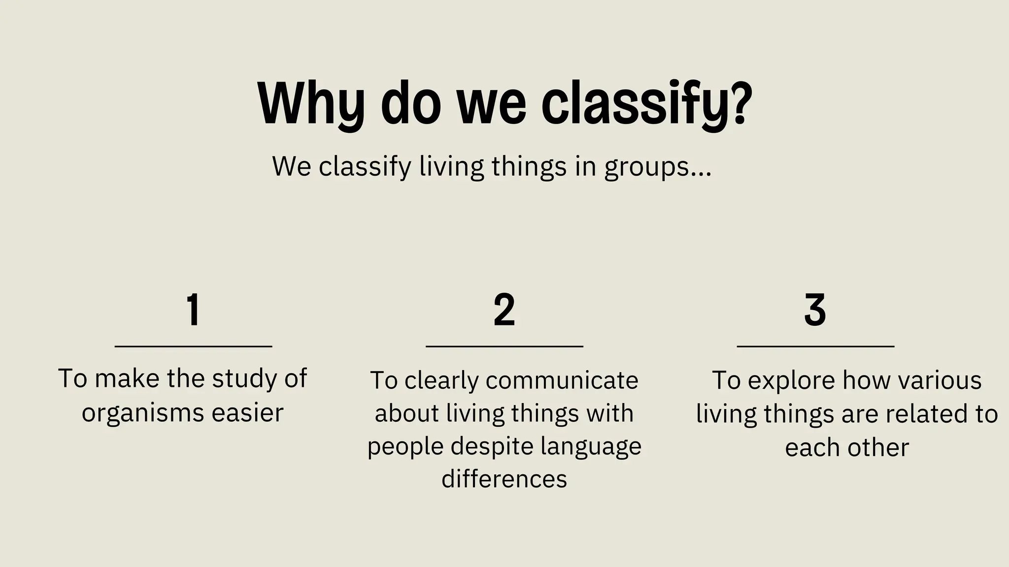 1
To make the study of
organisms easier
2
To clearly communicate
about living things with
people despite language
differences
3
To explore how various
living things are related to
each other
We classify living things in groups...
Why do we classify?
 