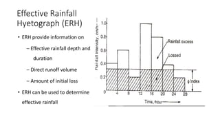 Effective Rainfall
Hyetograph (ERH)
• ERH provide information on
– Effective rainfall depth and
duration
– Direct runoff volume
– Amount of initial loss
• ERH can be used to determine
effective rainfall
 