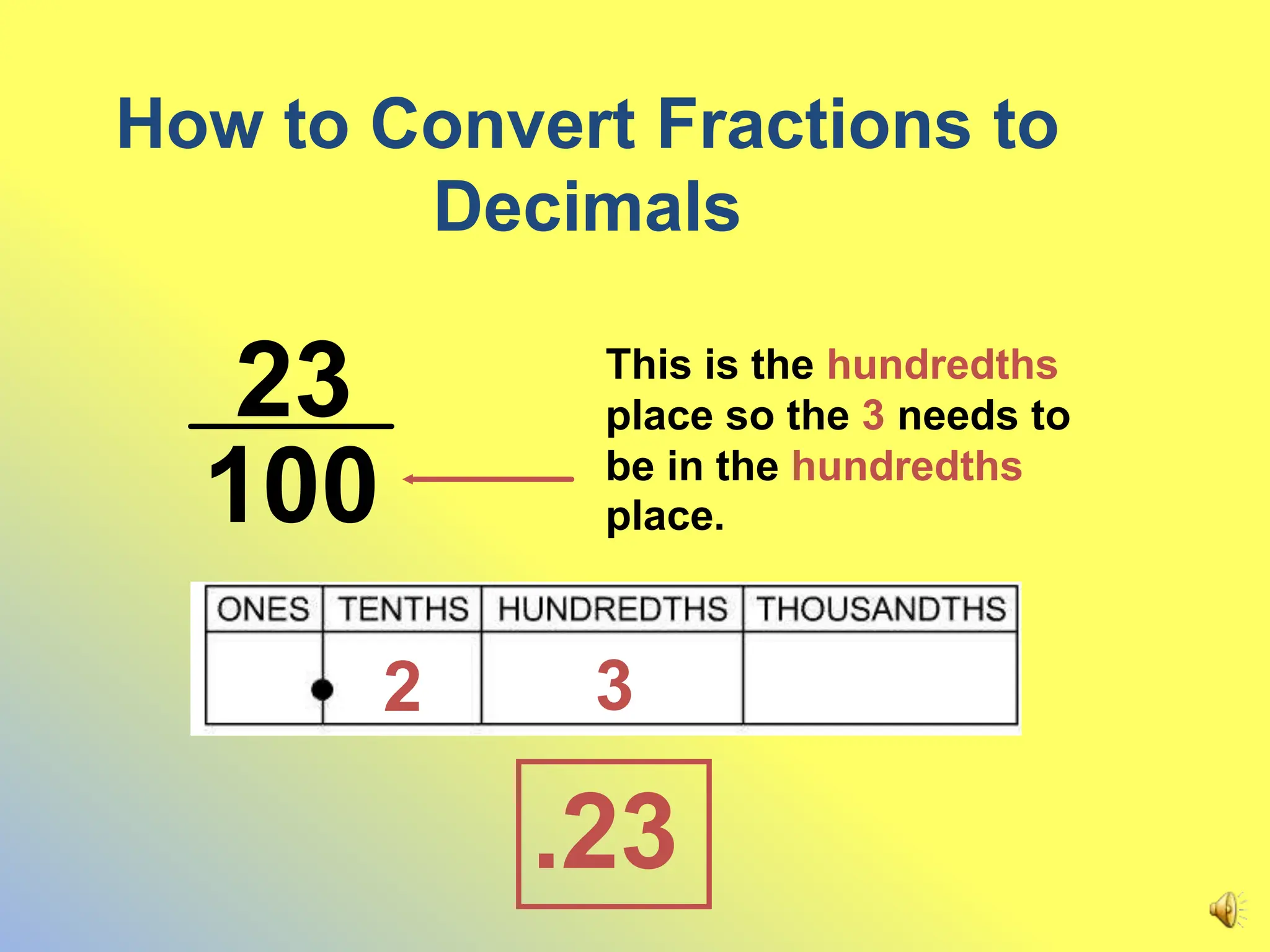 How to Convert Fractions to
Decimals
100
23 This is the hundredths
place so the 3 needs to
be in the hundredths
place.
2 3
.23
 