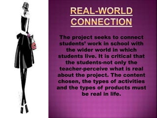 Project-based multimedia has
seven(7) key dimensions such as:
1.CORE CURRICULUM
2. REAL-WORLD CONNECTION
3. EXTENDED TIME FRAME
4. STUDENT DECISION MAKING
5. COLLABORATION
6.ASSESSMENT FORM
7. MULTIMEDIA
 