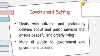 Government Setting
• Deals with citizens and particularly
delivers social and public services that
ensure peaceful and orderly living
• More of public to government and
government to public
 