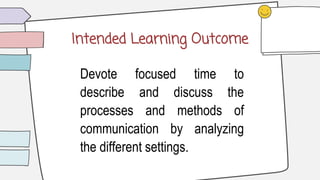 Intended Learning Outcome
Devote focused time to
describe and discuss the
processes and methods of
communication by analyzing
the different settings.
 