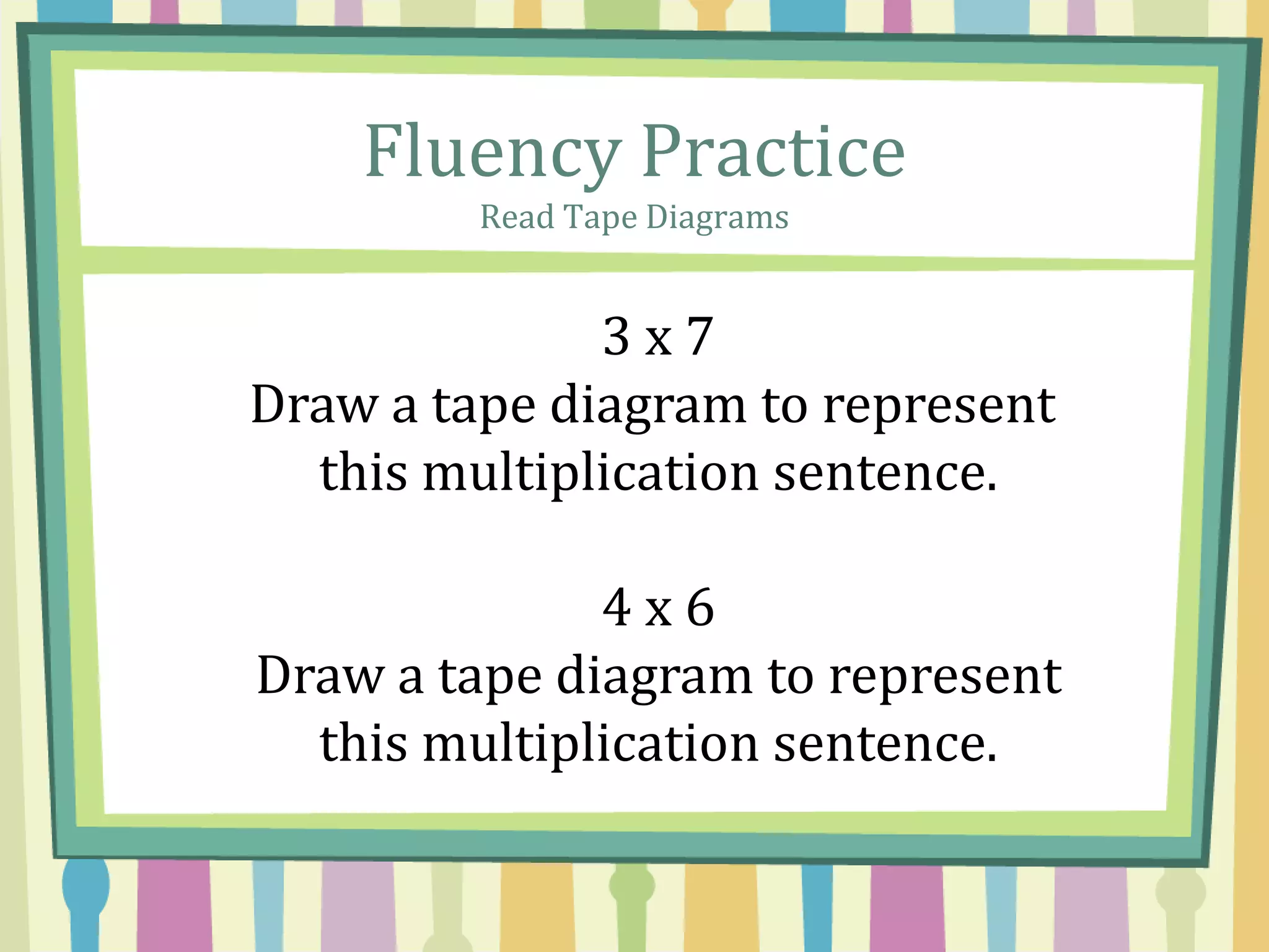 Fluency Practice
Read Tape Diagrams
3 x 7
Draw a tape diagram to represent
this multiplication sentence.
4 x 6
Draw a tape diagram to represent
this multiplication sentence.
 