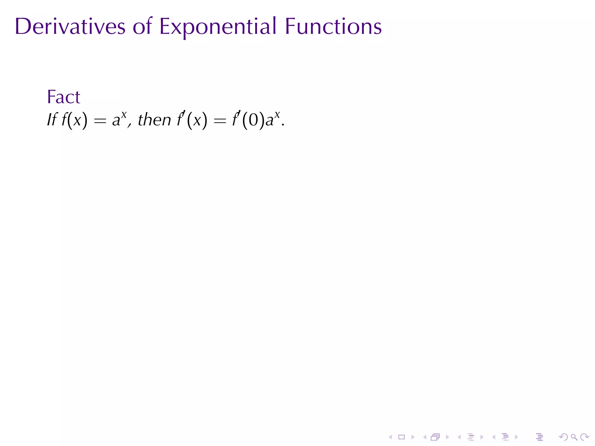 Derivatives	of	Exponential	Functions

   Fact
   If f(x) = ax , then f′ (x) = f′ (0)ax .




                                             .   .   .   .   .   .
 