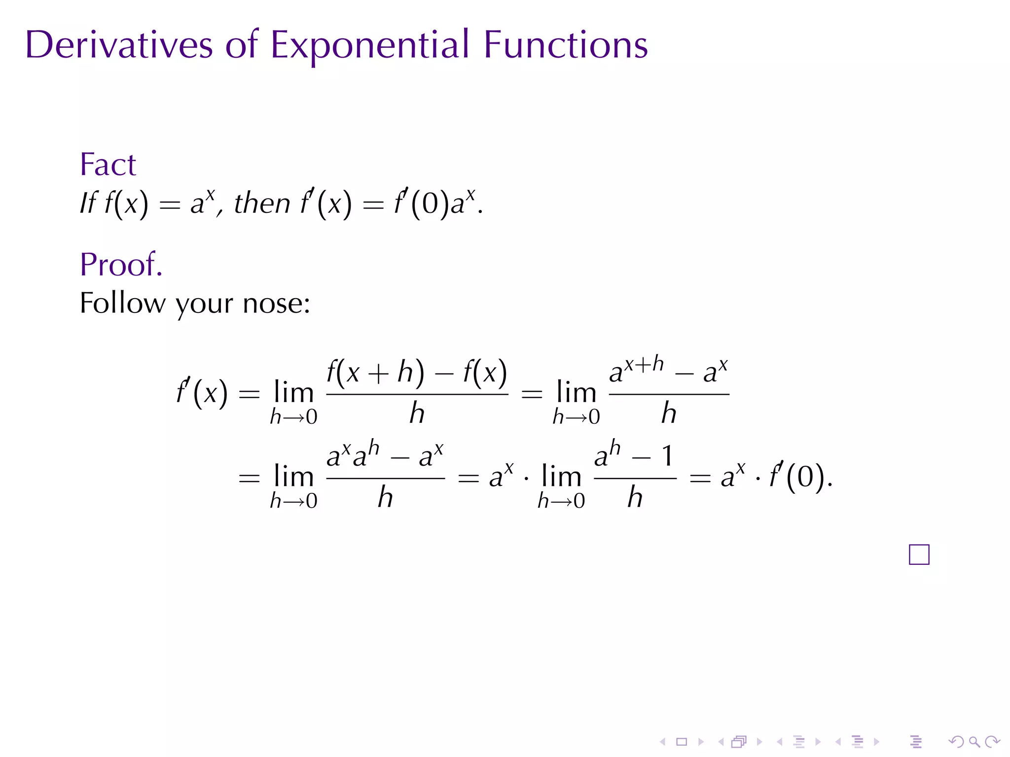 Derivatives	of	Exponential	Functions

   Fact
   If f(x) = ax , then f′ (x) = f′ (0)ax .

   Proof.
   Follow	your	nose:

                        f(x + h) − f(x)          a x+ h − a x
            f′ (x) = lim                  = lim
                    h→0          h           h→0       h
                        a x a h − ax            a h−1
                  = lim              = ax · lim          = ax · f′ (0).
                    h→0        h            h→0    h




                                                      .     .    .    .   .   .
 