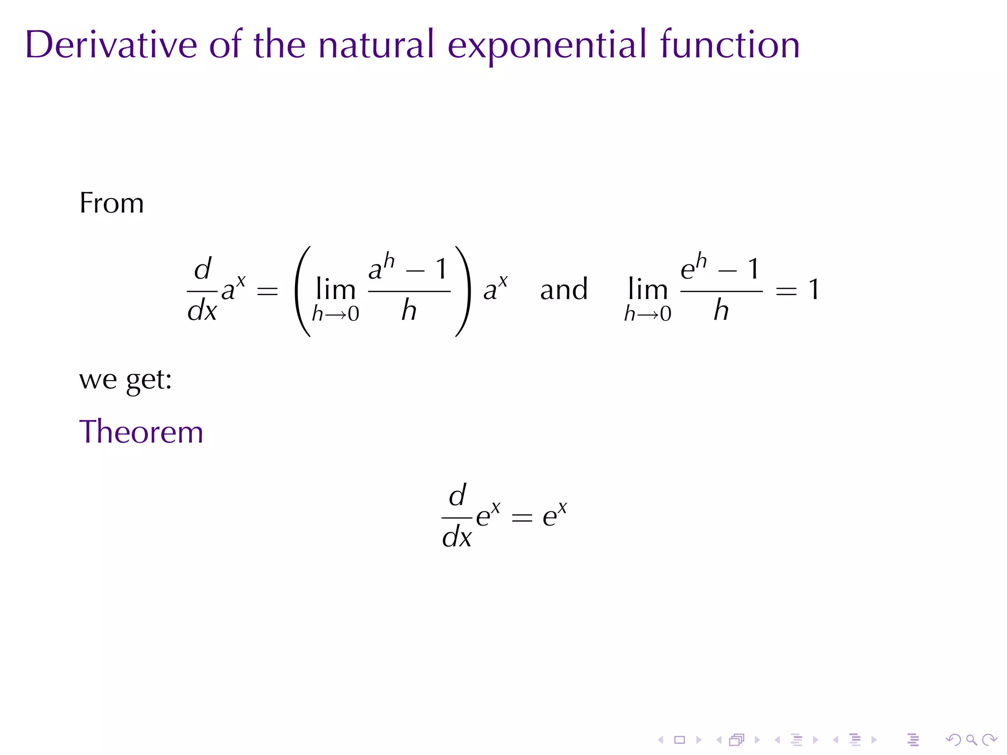 Derivative	of	the	natural	exponential	function


   From
                      (                )
             d x              ah − 1                      eh − 1
                a =       lim              ax   and   lim        =1
             dx           h→0    h                    h→0    h

   we	get:
   Theorem
                                   d x
                                      e = ex
                                   dx




                                                       .    .   .     .   .   .
 