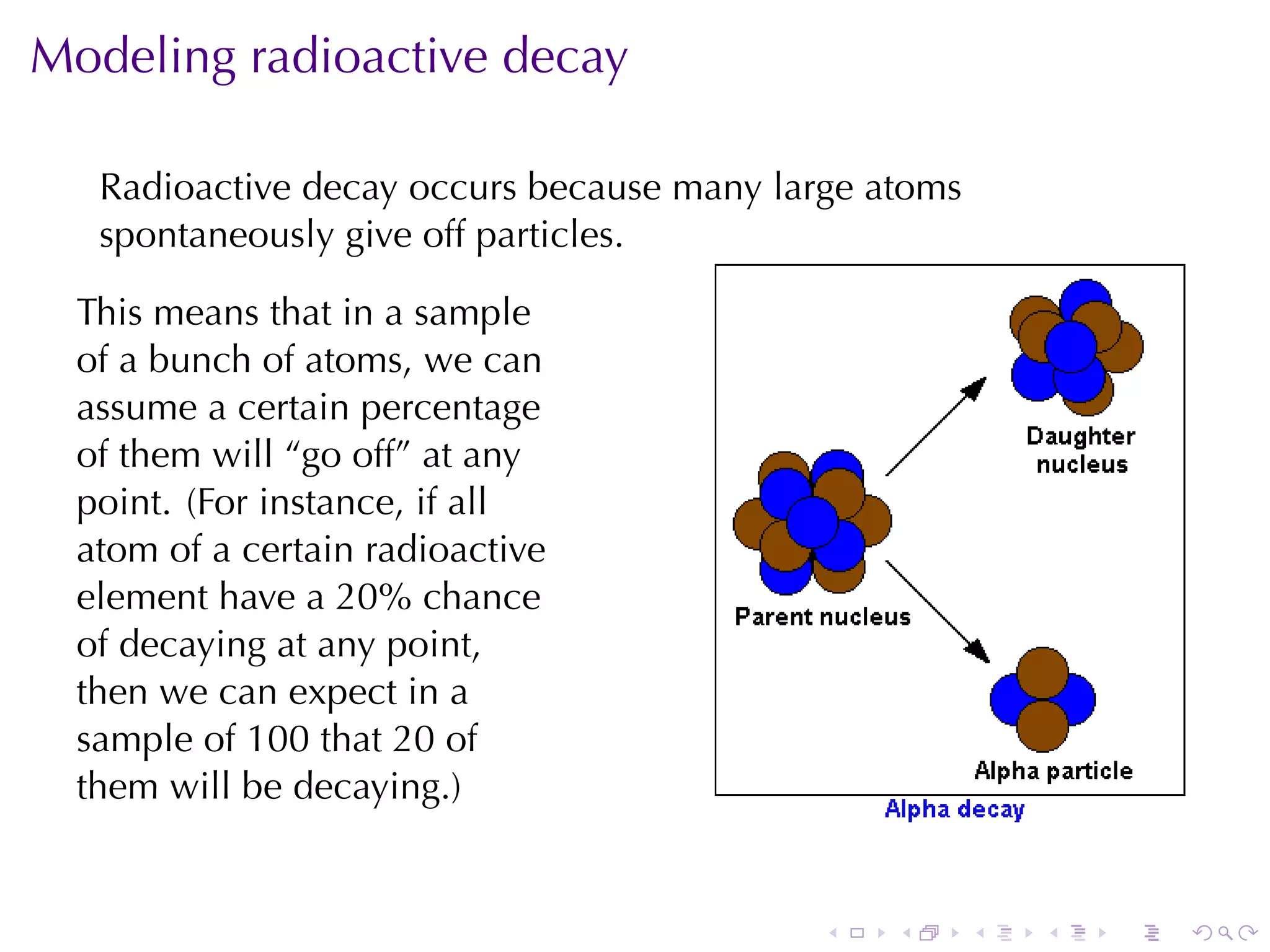 Modeling	radioactive	decay

   Radioactive	decay	occurs	because	many	large	atoms
   spontaneously	give	off	particles.

  This	means	that	in	a	sample
  of	a	bunch	of	atoms, we	can
  assume	a	certain	percentage
  of	them	will	“go	off”	at	any
  point. (For	instance, if	all
  atom	of	a	certain	radioactive
  element	have	a	20%	chance
  of	decaying	at	any	point,
  then	we	can	expect	in	a
  sample	of	100	that	20	of
  them	will	be	decaying.)


                                            .   .      .   .   .   .
 