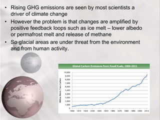 • Rising GHG emissions are seen by most scientists a
driver of climate change
• However the problem is that changes are amplified by
positive feedback loops such as ice melt – lower albedo
or permafrost melt and release of methane
• So glacial areas are under threat from the environment
and from human activity.
 