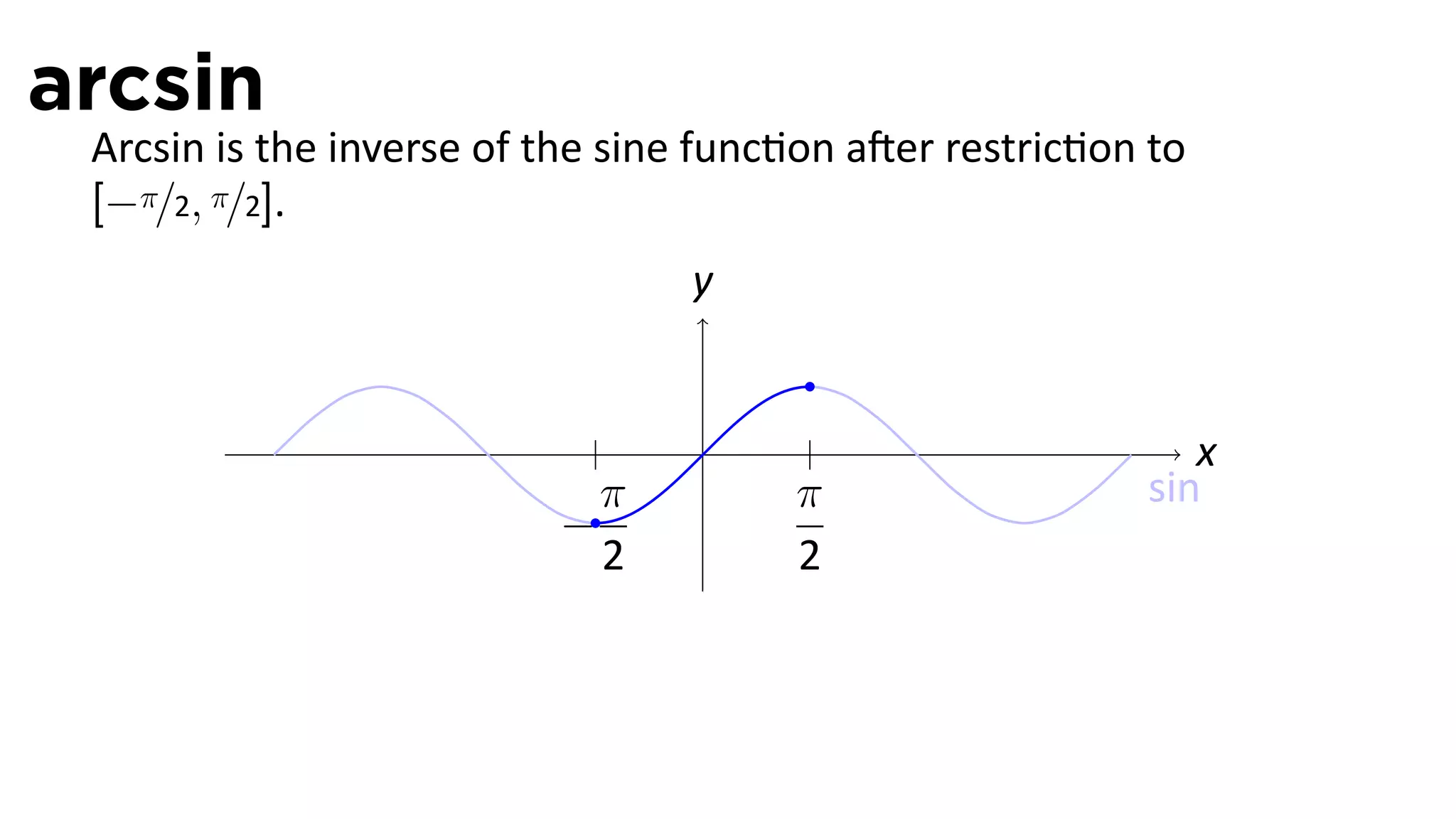 arcsin
 Arcsin is the inverse of the sine func on a er restric on to
 [−π/2, π/2].
                                 y


                                  .                          x
                            π          π                  sin
                          −
                            2          2
 