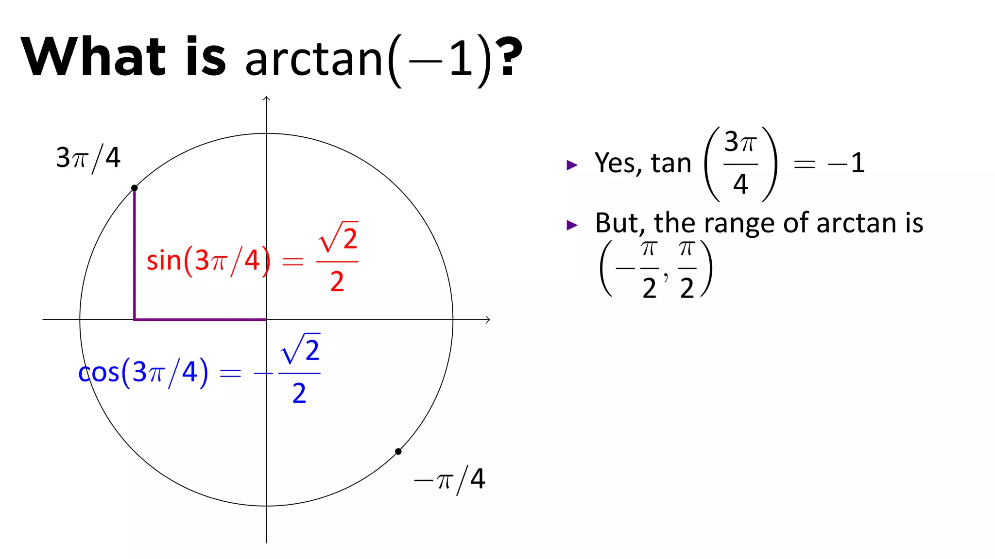 What is arctan(−1)?
                                          (      )
                                              3π
 3π/4                              Yes, tan        = −1
                                               4
                      √            But, the )
                        2          ( π π range of arctan is
        sin(3π/4) =                 − ,
                       2               2 2
                .√
                   2
  cos(3π/4) = −
                  2

                            −π/4
 