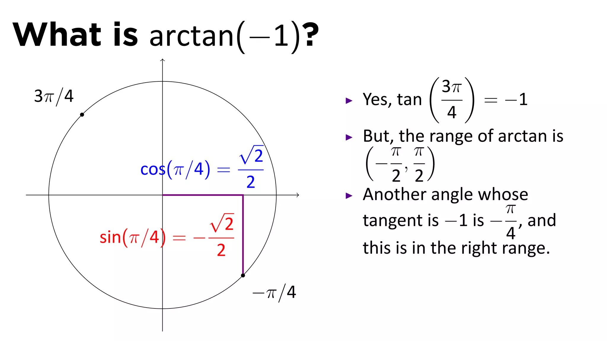 What is arctan(−1)?
                                        (      )
                                            3π
 3π/4                           Yes, tan          = −1
                                             4
                        √       But, the )
                                ( π π range of arctan is
                          2       − ,
             cos(π/4) =             2 2
                .        2
                                Another angle whose
                     √                                π
                       2        tangent is −1 is − , and
        sin(π/4) = −                                  4
                      2         this is in the right range.

                         −π/4
 