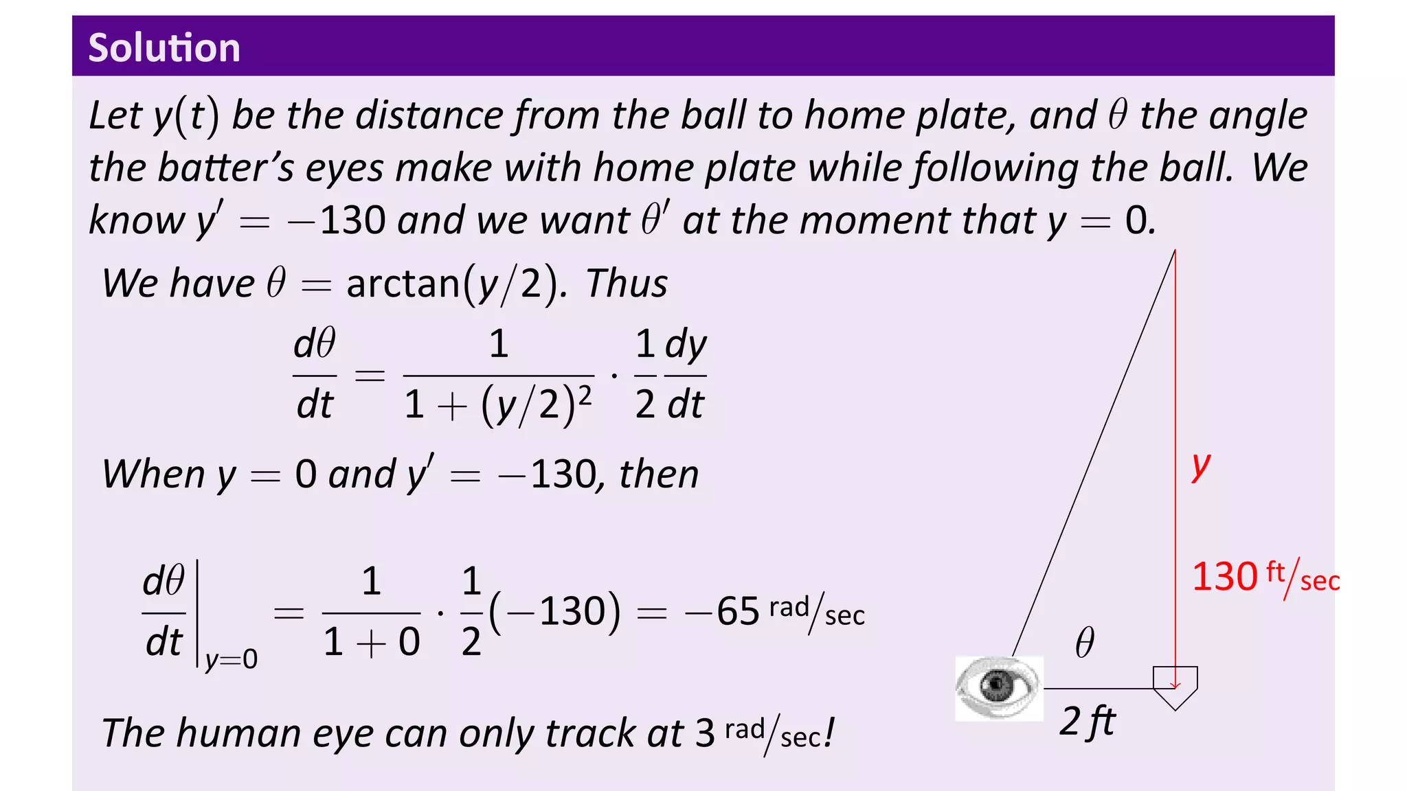 Solu on
Let y(t) be the distance from the ball to home plate, and θ the angle
the ba er’s eyes make with home plate while following the ball. We
know y′ = −130 and we want θ′ at the moment that y = 0.
 We have θ = arctan(y/2). Thus
            dθ         1        1 dy
                =             ·
             dt    1 + (y/2)2 2 dt
 When y = 0 and y′ = −130, then                                y

   dθ            1  1                                         130 ft/sec
              =    · (−130) = −65 rad/sec
   dt   y=0     1+0 2                                  θ
                                                   .
The human eye can only track at 3 rad/sec!             2
 