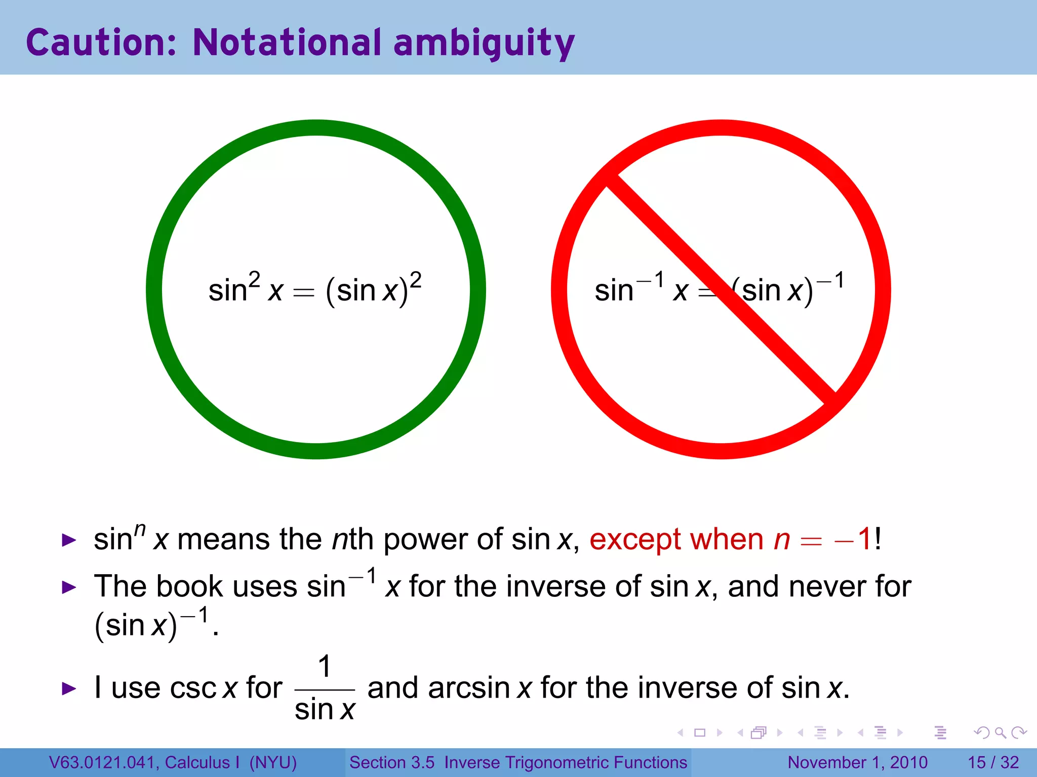 . . . . . .
Caution: Notational ambiguity
..sin2
x = (sin x)2
.sin−1
x = (sin x)−1
sinn
x means the nth power of sin x, except when n = −1!
The book uses sin−1
x for the inverse of sin x, and never for
(sin x)−1
.
I use csc x for
1
sin x
and arcsin x for the inverse of sin x.
V63.0121.041, Calculus I (NYU) Section 3.5 Inverse Trigonometric Functions November 1, 2010 15 / 32
 