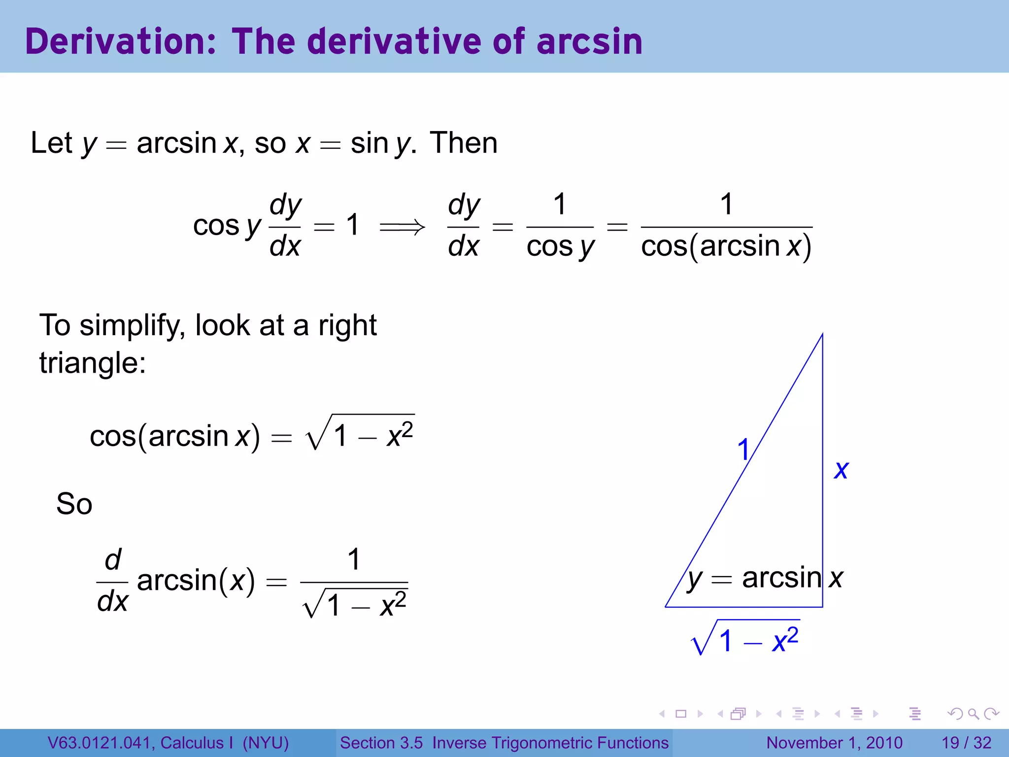 . . . . . .
Derivation: The derivative of arcsin
Let y = arcsin x, so x = sin y. Then
cos y
dy
dx
= 1 =⇒
dy
dx
=
1
cos y
=
1
cos(arcsin x)
To simplify, look at a right
triangle:
cos(arcsin x) =
√
1 − x2
So
d
dx
arcsin(x) =
1
√
1 − x2 .
.1
.x
.
.y = arcsin x
.
√
1 − x2
V63.0121.041, Calculus I (NYU) Section 3.5 Inverse Trigonometric Functions November 1, 2010 19 / 32
 