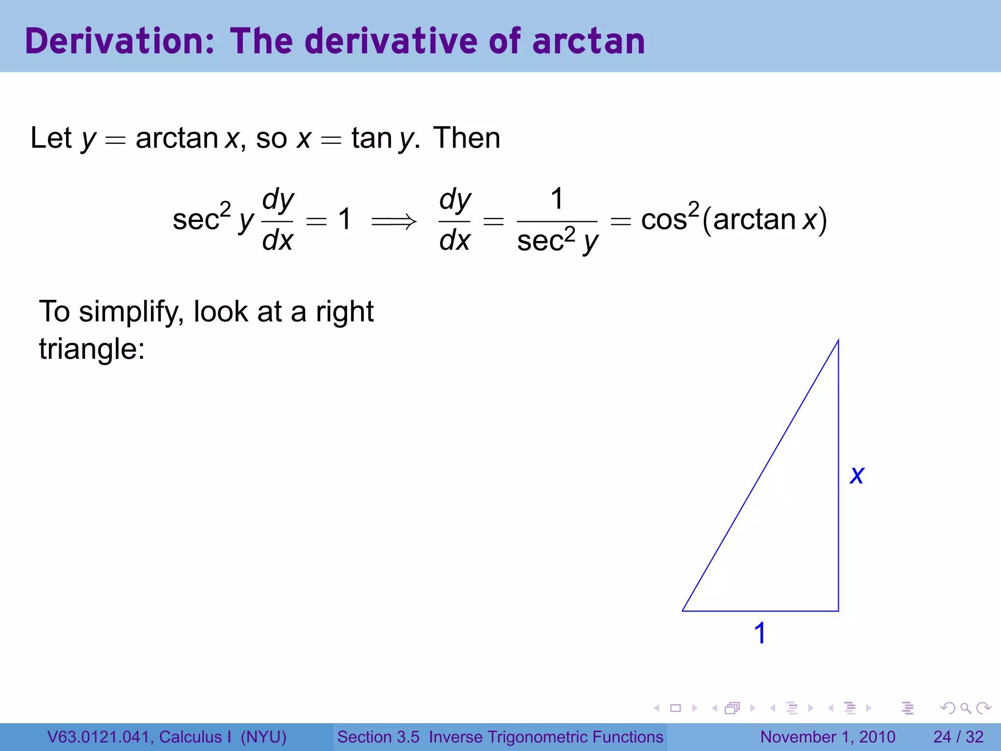 . . . . . .
Derivation: The derivative of arctan
Let y = arctan x, so x = tan y. Then
sec2
y
dy
dx
= 1 =⇒
dy
dx
=
1
sec2 y
= cos2
(arctan x)
To simplify, look at a right
triangle:
.
.x
.1
V63.0121.041, Calculus I (NYU) Section 3.5 Inverse Trigonometric Functions November 1, 2010 24 / 32
 