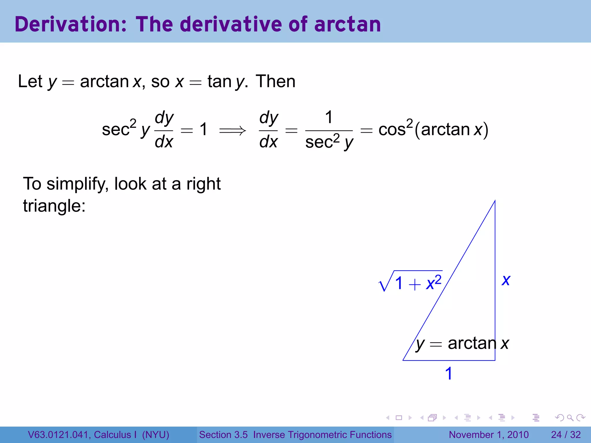 . . . . . .
Derivation: The derivative of arctan
Let y = arctan x, so x = tan y. Then
sec2
y
dy
dx
= 1 =⇒
dy
dx
=
1
sec2 y
= cos2
(arctan x)
To simplify, look at a right
triangle:
.
.x
.1
.
.y = arctan x
.
√
1 + x2
V63.0121.041, Calculus I (NYU) Section 3.5 Inverse Trigonometric Functions November 1, 2010 24 / 32
 
