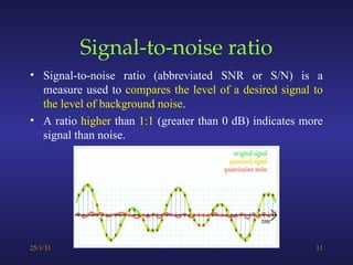 Signal-to-noise ratio
• Signal-to-noise ratio (abbreviated SNR or S/N) is a
measure used to compares the level of a desired signal to
the level of background noise.
• A ratio higher than 1:1 (greater than 0 dB) indicates more
signal than noise.
25/1/31 11
 