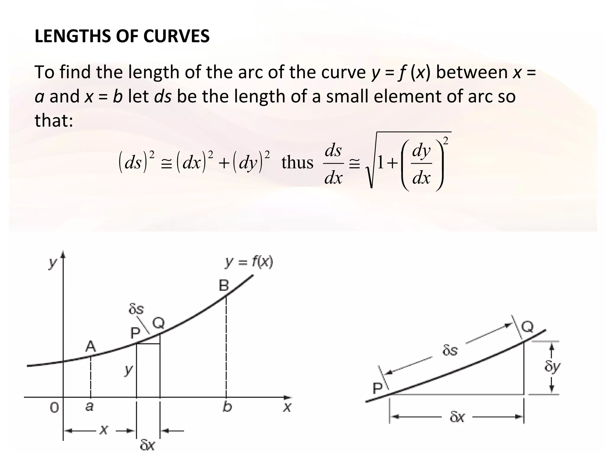 LENGTHS OF CURVES
To find the length of the arc of the curve y = f (x) between x =
a and x = b let ds be the length of a small element of arc so
that:
( ) ( ) ( )
2
222
1thus 





+≅+≅
dx
dy
dx
ds
dydxds
 