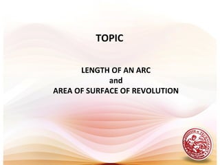 TOPIC
LENGTH OF AN ARC
and
AREA OF SURFACE OF REVOLUTION
 