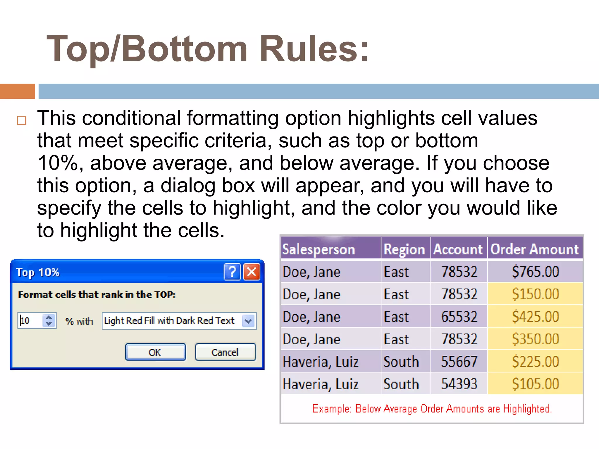 Top/Bottom Rules:This conditional formatting option highlights cell values that meet specific criteria, such as top or bottom 10%, above average, and below average. If you choose this option, a dialog box will appear, and you will have to specify the cells to highlight, and the color you would like to highlight the cells.