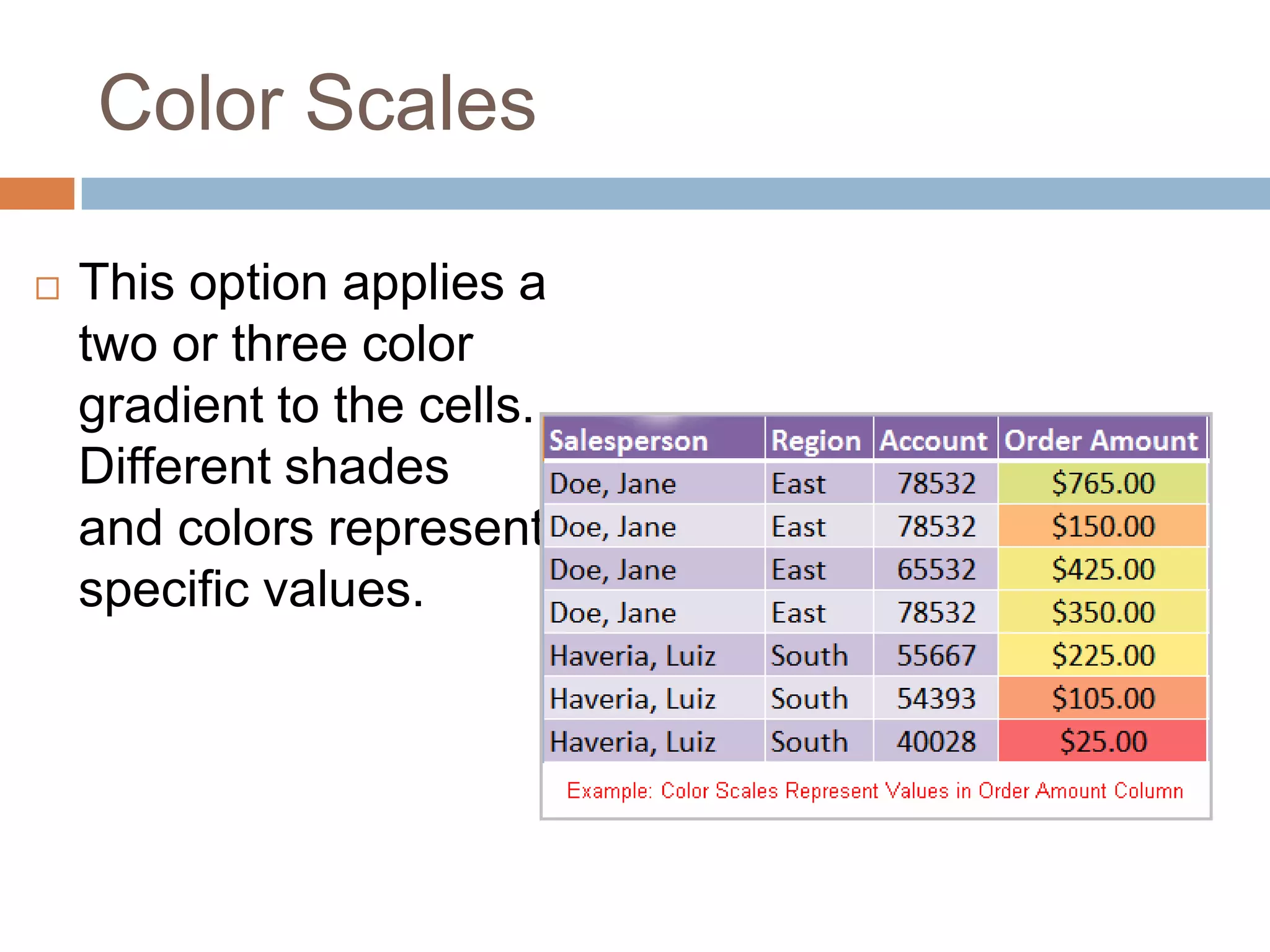 Color ScalesThis option applies a two or three color gradient to the cells. Different shades and colors represent specific values.