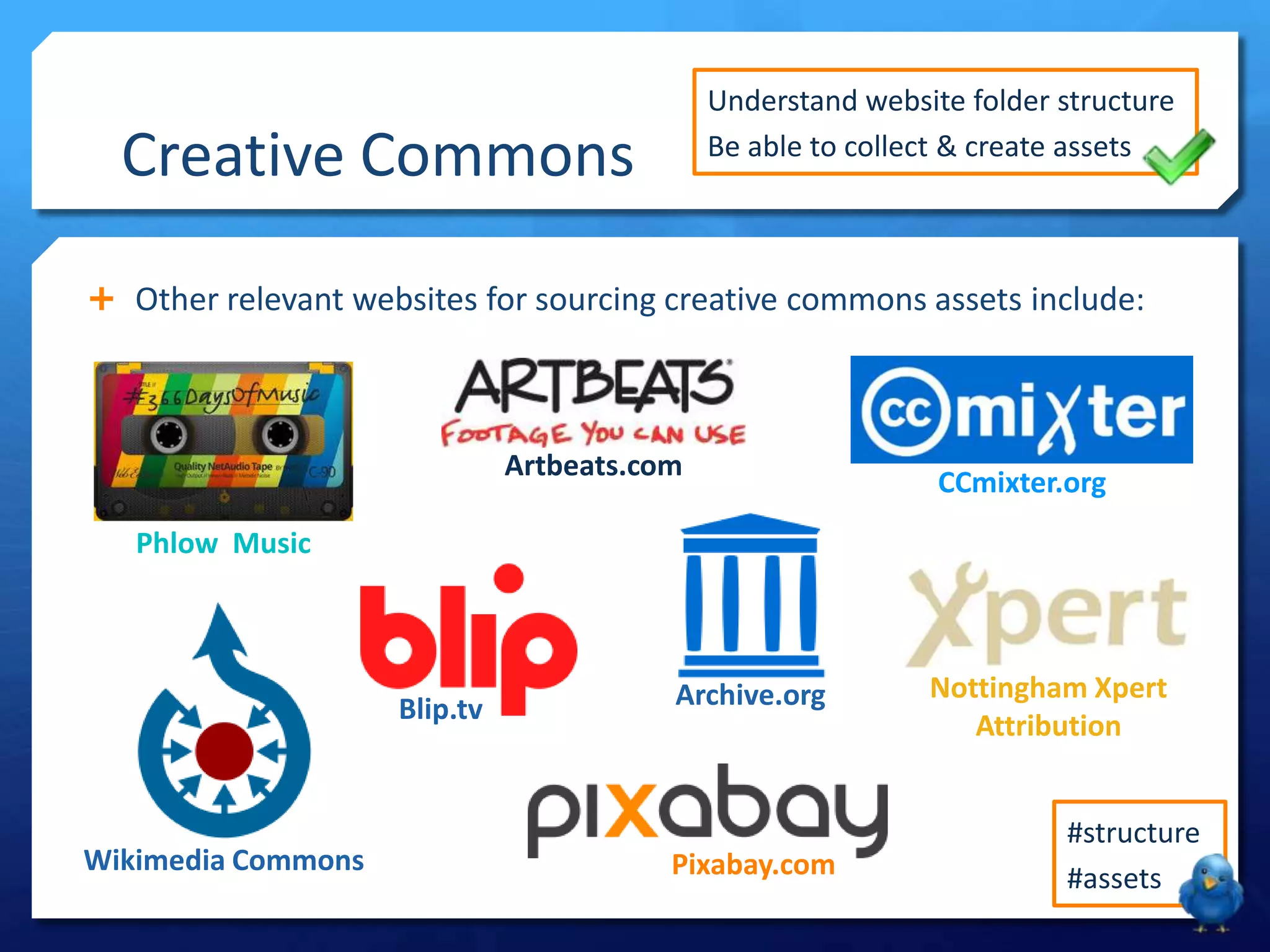 Creative Commons
 Other relevant websites for sourcing creative commons assets include:
#structure
#assets
Understand website folder structure
Be able to collect & create assets
Wikimedia Commons
Nottingham Xpert
Attribution
Pixabay.com
Blip.tv Archive.org
CCmixter.org
Phlow Music
Artbeats.com
 
