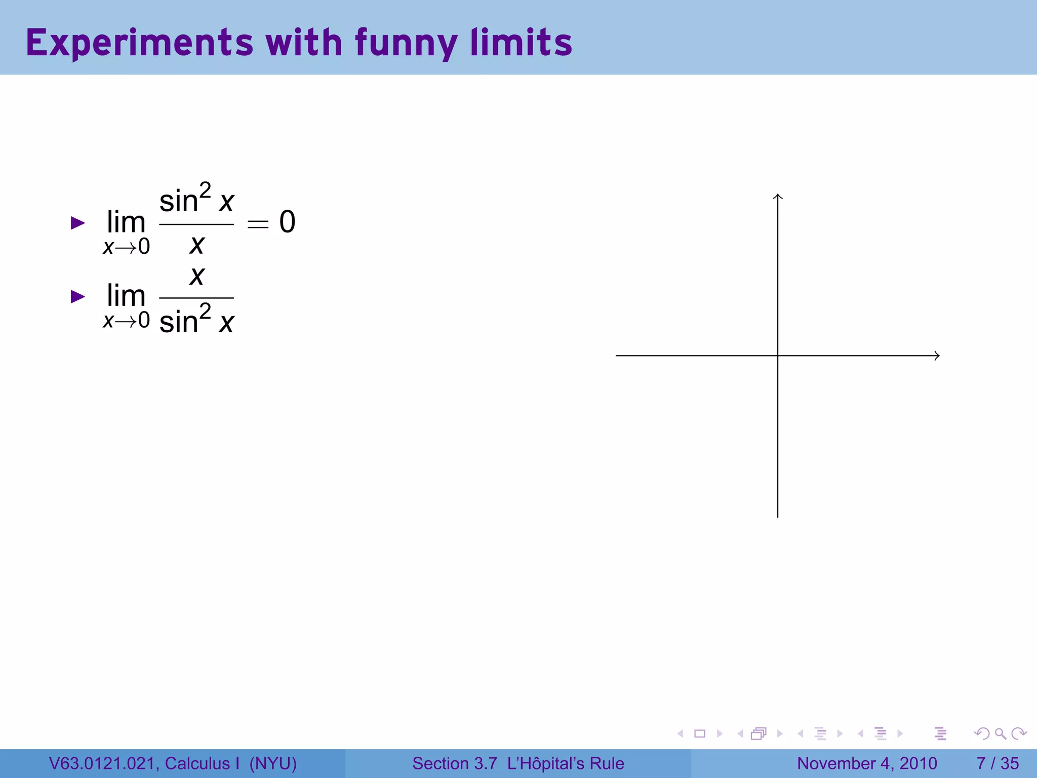 Experiments with funny limits


           sin2 x
       lim        =0
       x→0   x
             x
       lim
       x→0 sin2 x
                                                                         .




                                                                 .   .       .         .      .     .

 V63.0121.021, Calculus I (NYU)   Section 3.7 L’Hôpital’s Rule                   November 4, 2010       7 / 35
 