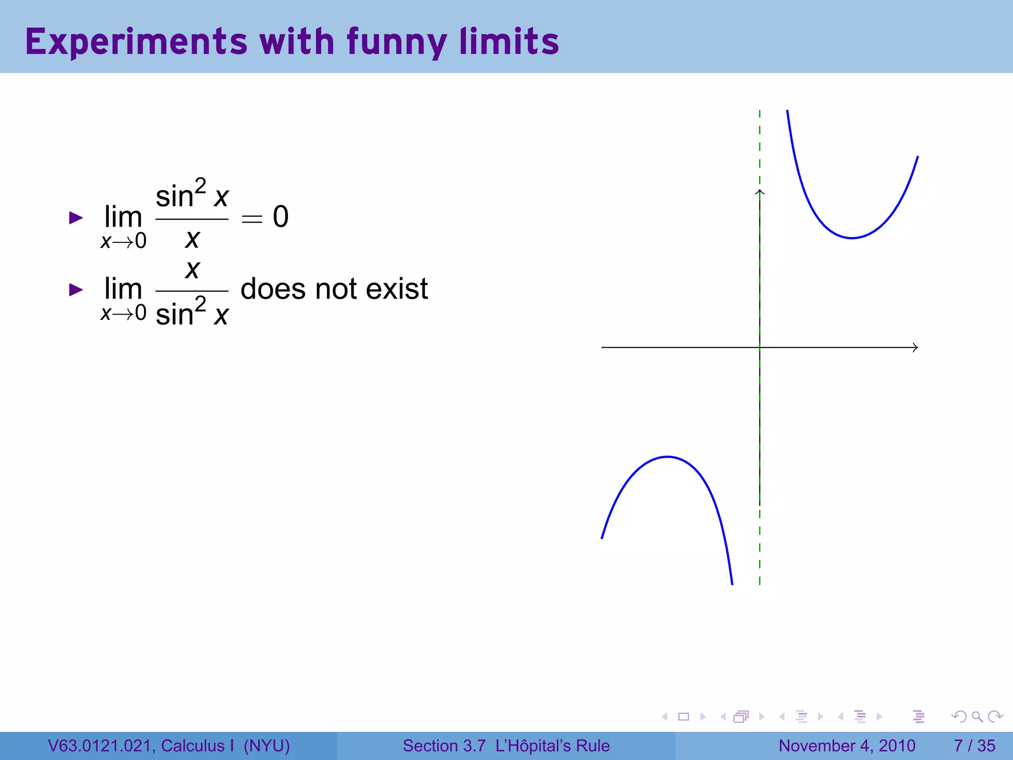 Experiments with funny limits


           sin2 x
       lim        =0
       x→0   x
             x
       lim        does not exist
       x→0 sin2 x
                                                                         .




                                                                 .   .       .         .      .     .

 V63.0121.021, Calculus I (NYU)   Section 3.7 L’Hôpital’s Rule                   November 4, 2010       7 / 35
 