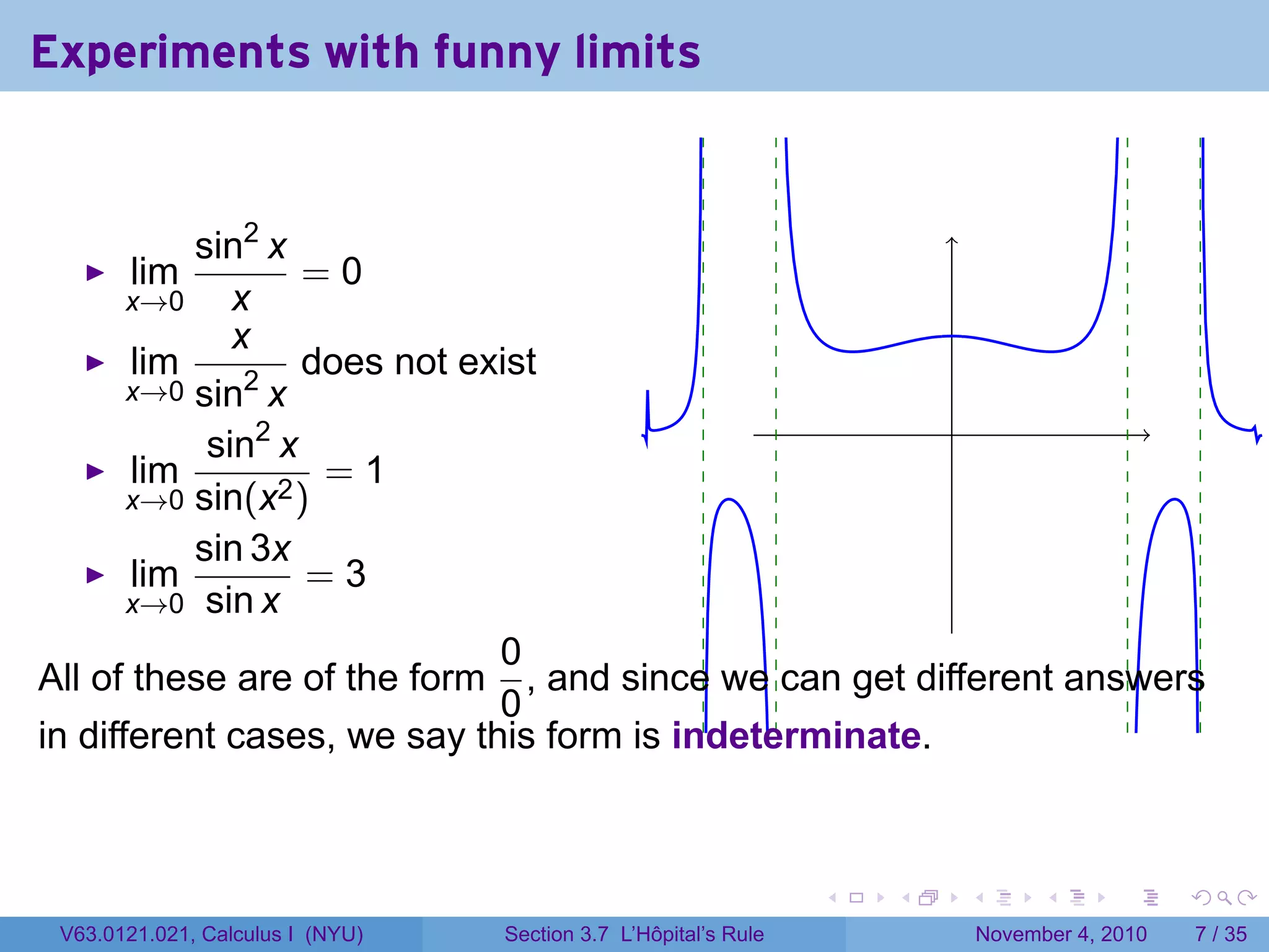Experiments with funny limits


           sin2 x
       lim         =0
       x→0    x
              x
       lim         does not exist
       x→0 sin2 x
                                                       .
            sin2 x
       lim          =1
       x→0 sin(x2 )
           sin 3x
       lim         =3
       x→0 sin x
                              0
All of these are of the form , and since we can get different answers
                              0
in different cases, we say this form is indeterminate.



                                                                 .   .   .         .      .     .

 V63.0121.021, Calculus I (NYU)   Section 3.7 L’Hôpital’s Rule               November 4, 2010       7 / 35
 