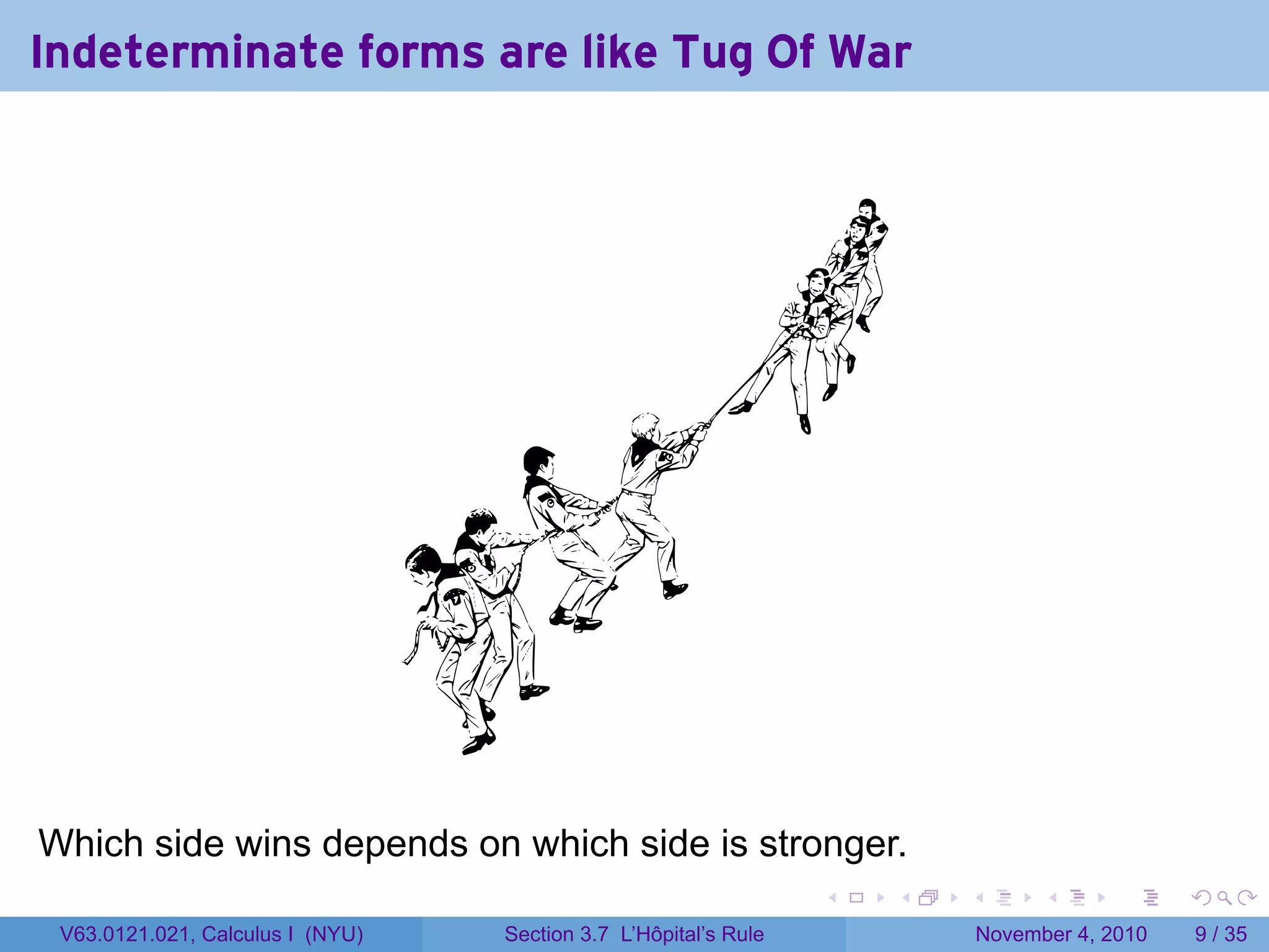 Indeterminate forms are like Tug Of War




Which side wins depends on which side is stronger.
                                                                 .   .   .         .      .     .

 V63.0121.021, Calculus I (NYU)   Section 3.7 L’Hôpital’s Rule               November 4, 2010       9 / 35
 