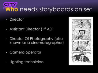 Who needs storyboards on set
- Director
- Assistant Director (1st AD)
- Director Of Photography (also
known as a cinematographer)
- Camera operator
- Lighting technician
 