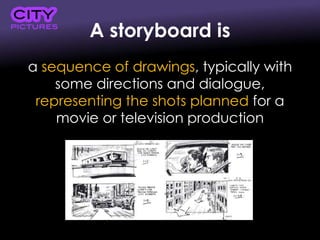 A storyboard is
a sequence of drawings, typically with
some directions and dialogue,
representing the shots planned for a
movie or television production
 