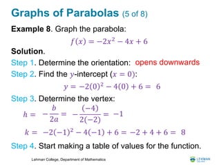 Lehman College, Department of Mathematics
Graphs of Parabolas (5 of 8)
Example 8. Graph the parabola:
Solution.
Step 1. Determine the orientation:
Step 2. Find the 𝑦-intercept (𝑥 = 0):
Step 3. Determine the vertex:
Step 4. Start making a table of values for the function.
𝑓 𝑥 = −2𝑥2
− 4𝑥 + 6
opens downwards
𝑦 = −2 0 2
− 4 0 + 6 = 6
ℎ = −
𝑏
2𝑎
= −
−4
2(−2)
= −1
−2 −1 2 − 4 −1 + 6 =𝑘 = −2 + 4 + 6 = 8
 