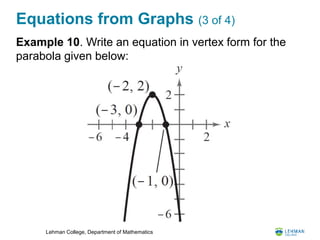 Lehman College, Department of Mathematics
Equations from Graphs (3 of 4)
Example 10. Write an equation in vertex form for the
parabola given below:
 