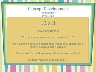 Concept Development
(30 minutes)
Problem 2
10 x 3
How many threes?
What are some ways we can break apart 10?
So if we were counting apples that would be 5 apples and 5
apples, 6 apples and 4 apples?
But we aren’t counting apples. What are we counting?
So that would be 6 threes and…?
 