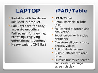 LAPTOP iPAD/Table
 Portable with hardware
included in product
 Full keyboard for easy,
accurate encoding
 Full screen for viewing,
browsing, enjoying
entertainment content
 Heavy weight (3-9 lbs)
 iPAD/Table
 Small, portable in light
(1lb)
 Full control of screen and
application
 Touch screen with stylus
or fingers
 Can store all your music,
photos, videos
 Built in flush camera
 Built-in eReader to read
books
 Durable but touch screen
can scratch, damage
screen display
 
