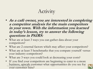Activity
• As a café owner, you are interested in completing
  a competitor analysis for the main competitors
  in your town. With the information you learned
  in today’s lesson, try to answer the following
  questions in PAIRS:
• What are at least 3 ways you can gather data about your
   competitors?
• What are 2 external factors which may affect your competitors?
• What are at least 5 benchmarks that you compare yourself versus
   your industry competitors?
• What are 3 ways you could look at decreasing your costs?
• If you find your competitors are beginning to cater to a more
   business, upscale customer what opportunities do you see for
 Novus Business and IT Training Program                       10
   your customer base?
 