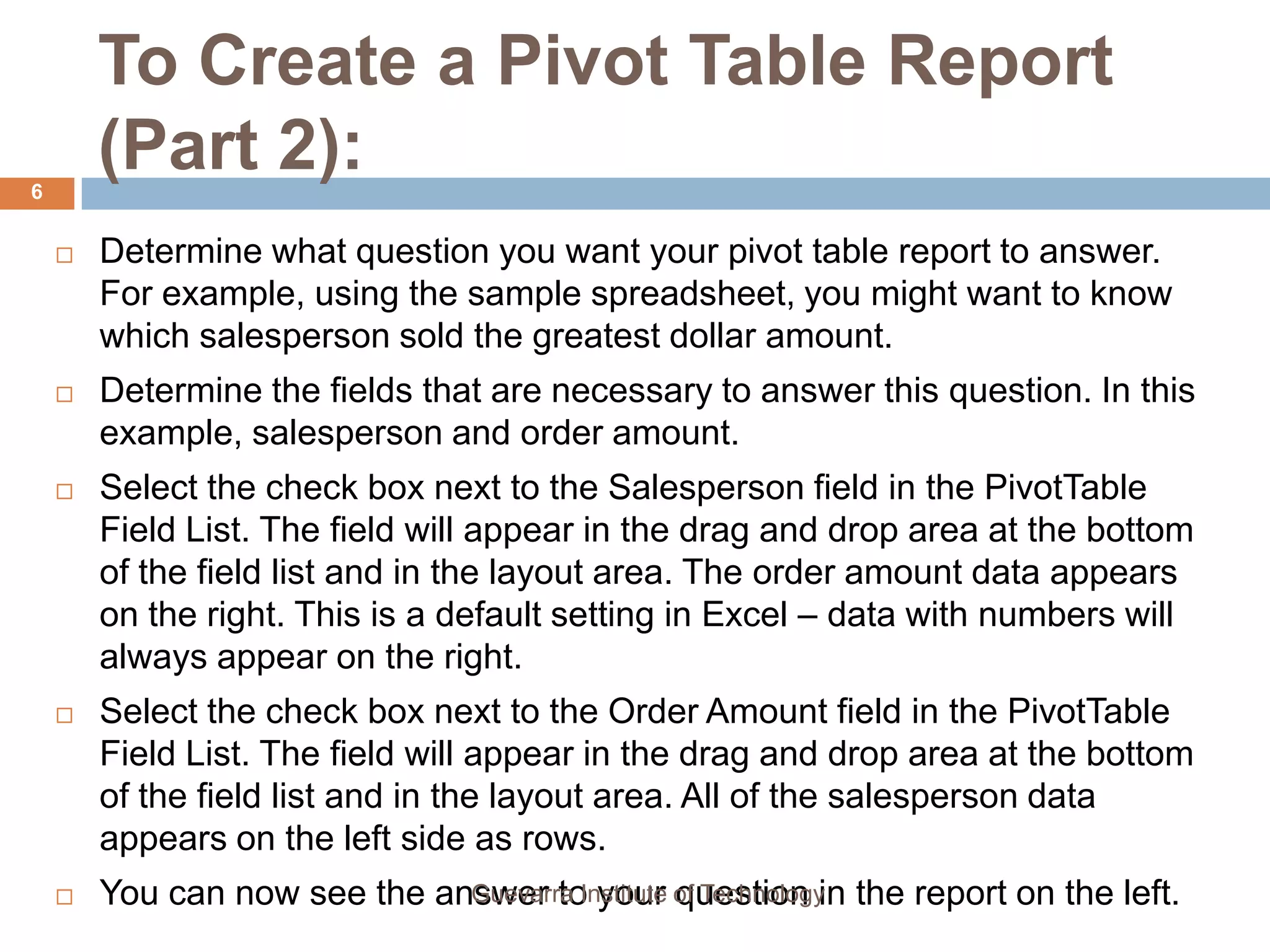Lesson 18 Creating Pivot Tables | PPTX