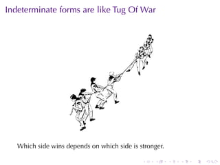 Indeterminate	forms	are	like	Tug	Of	War




   Which	side	wins	depends	on	which	side	is	stronger.

                                             .   .      .   .   .   .
 