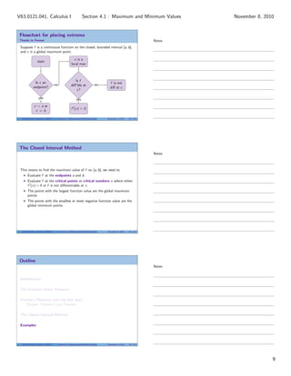 Flowchart for placing extrema
Thanks to Fermat
Suppose f is a continuous function on the closed, bounded interval [a, b],
and c is a global maximum point.
start
Is c an
endpoint?
c = a or
c = b
c is a
local max
Is f
diﬀ’ble at
c?
f is not
diﬀ at c
f (c) = 0
no
yes
no
yes
V63.0121.041, Calculus I (NYU) Section 4.1 Maximum and Minimum Values November 8, 2010 26 / 34
The Closed Interval Method
This means to ﬁnd the maximum value of f on [a, b], we need to:
Evaluate f at the endpoints a and b
Evaluate f at the critical points or critical numbers x where either
f (x) = 0 or f is not diﬀerentiable at x.
The points with the largest function value are the global maximum
points
The points with the smallest or most negative function value are the
global minimum points.
V63.0121.041, Calculus I (NYU) Section 4.1 Maximum and Minimum Values November 8, 2010 27 / 34
Outline
Introduction
The Extreme Value Theorem
Fermat’s Theorem (not the last one)
Tangent: Fermat’s Last Theorem
The Closed Interval Method
Examples
V63.0121.041, Calculus I (NYU) Section 4.1 Maximum and Minimum Values November 8, 2010 28 / 34
Notes
Notes
Notes
9
Section 4.1 : Maximum and Minimum ValuesV63.0121.041, Calculus I November 8, 2010
 