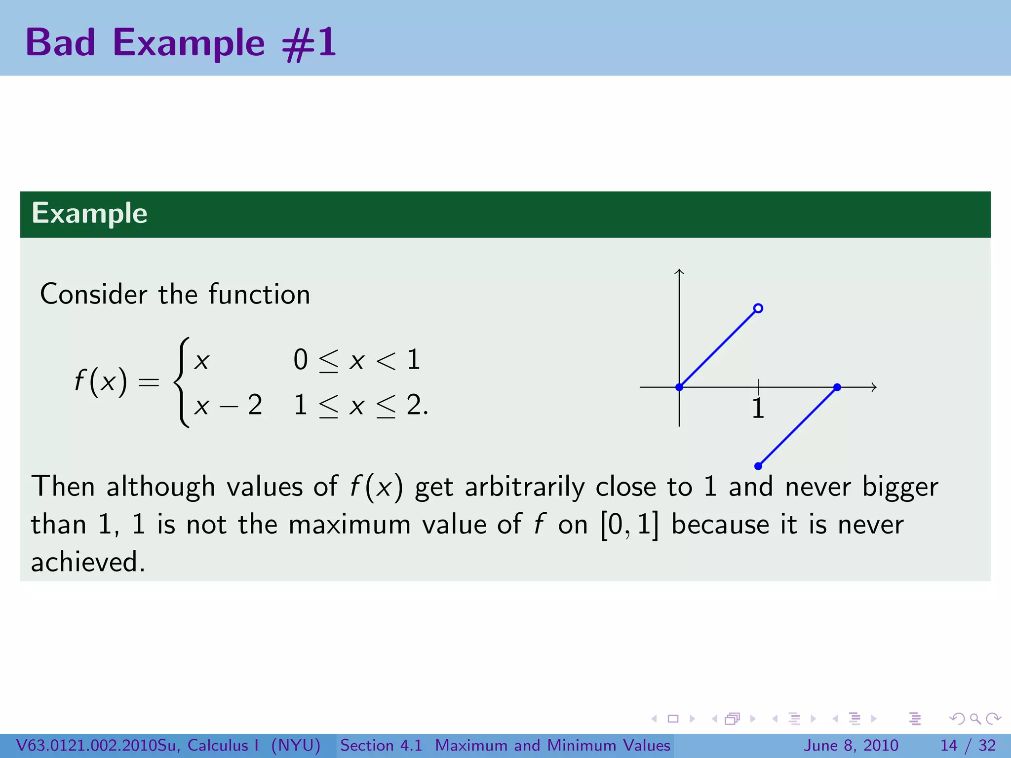 Bad Example #1



 Example

  Consider the function

                     x     0≤x <1
      f (x) =                                                                    |
                     x − 2 1 ≤ x ≤ 2.                                            1

 Then although values of f (x) get arbitrarily close to 1 and never bigger
 than 1, 1 is not the maximum value of f on [0, 1] because it is never
 achieved.




V63.0121.002.2010Su, Calculus I (NYU)   Section 4.1 Maximum and Minimum Values       June 8, 2010   14 / 32
 