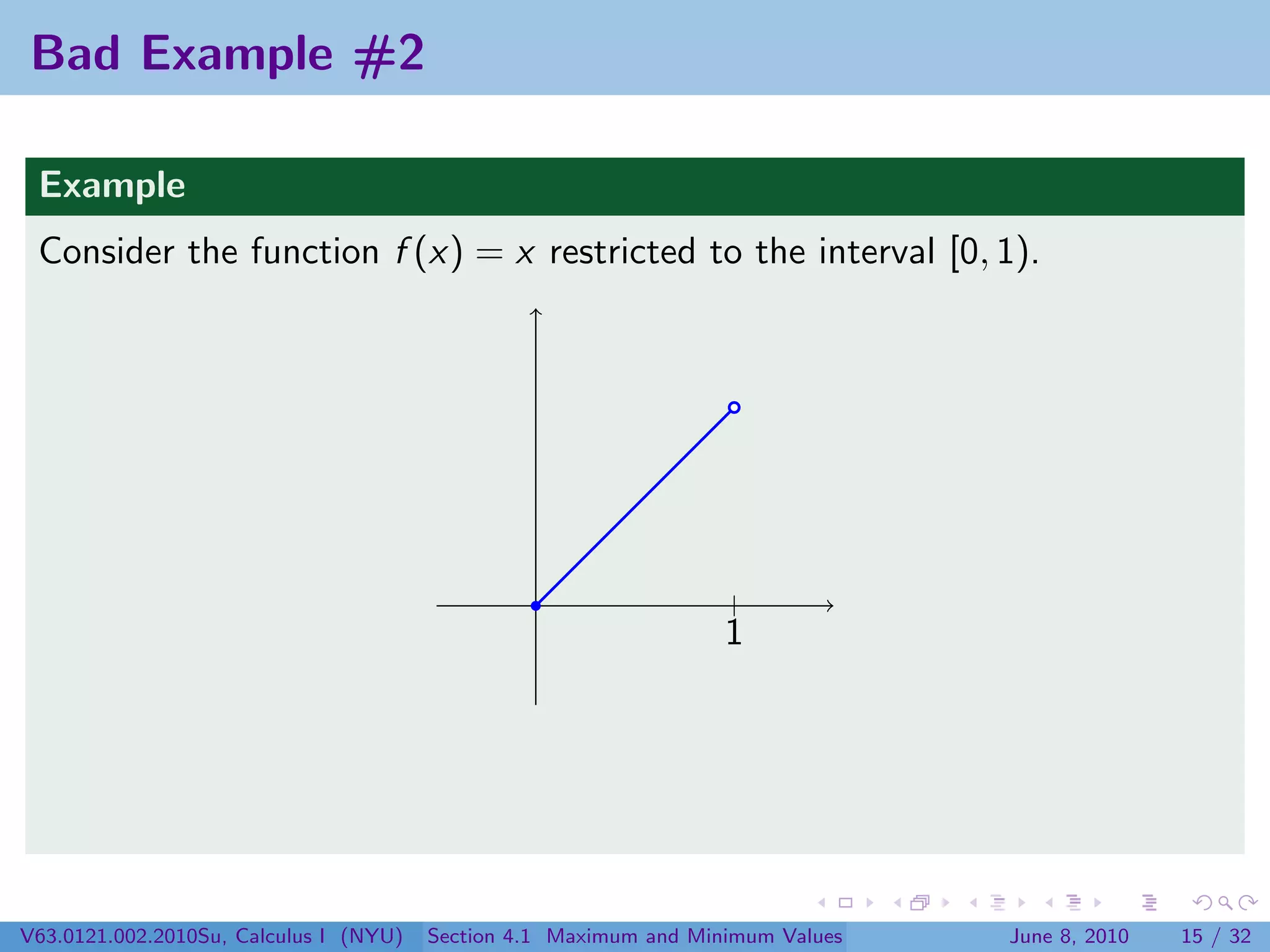 Bad Example #2

 Example
 Consider the function f (x) = x restricted to the interval [0, 1).




                                                                   |
                                                                   1




V63.0121.002.2010Su, Calculus I (NYU)   Section 4.1 Maximum and Minimum Values   June 8, 2010   15 / 32
 