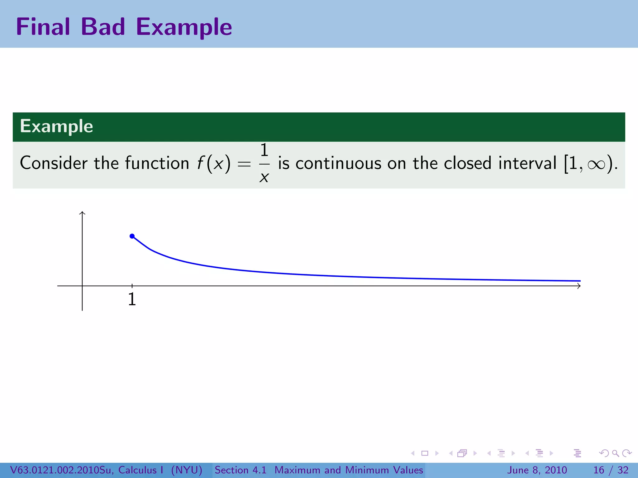 Final Bad Example


 Example
                                                1
 Consider the function f (x) =                    is continuous on the closed interval [1, ∞).
                                                x




                      1




V63.0121.002.2010Su, Calculus I (NYU)   Section 4.1 Maximum and Minimum Values   June 8, 2010   16 / 32
 