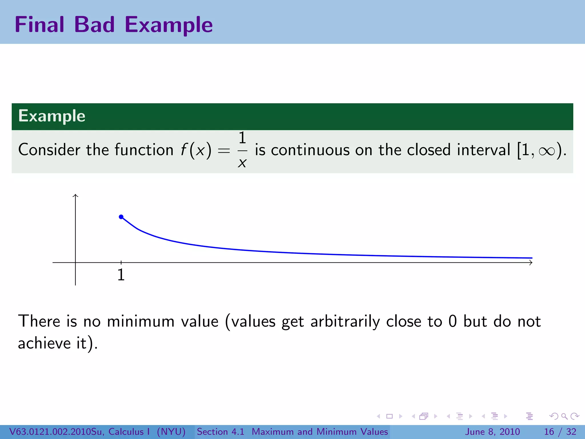 Final Bad Example


 Example
                                                1
 Consider the function f (x) =                    is continuous on the closed interval [1, ∞).
                                                x




                      1

 There is no minimum value (values get arbitrarily close to 0 but do not
 achieve it).



V63.0121.002.2010Su, Calculus I (NYU)   Section 4.1 Maximum and Minimum Values   June 8, 2010   16 / 32
 