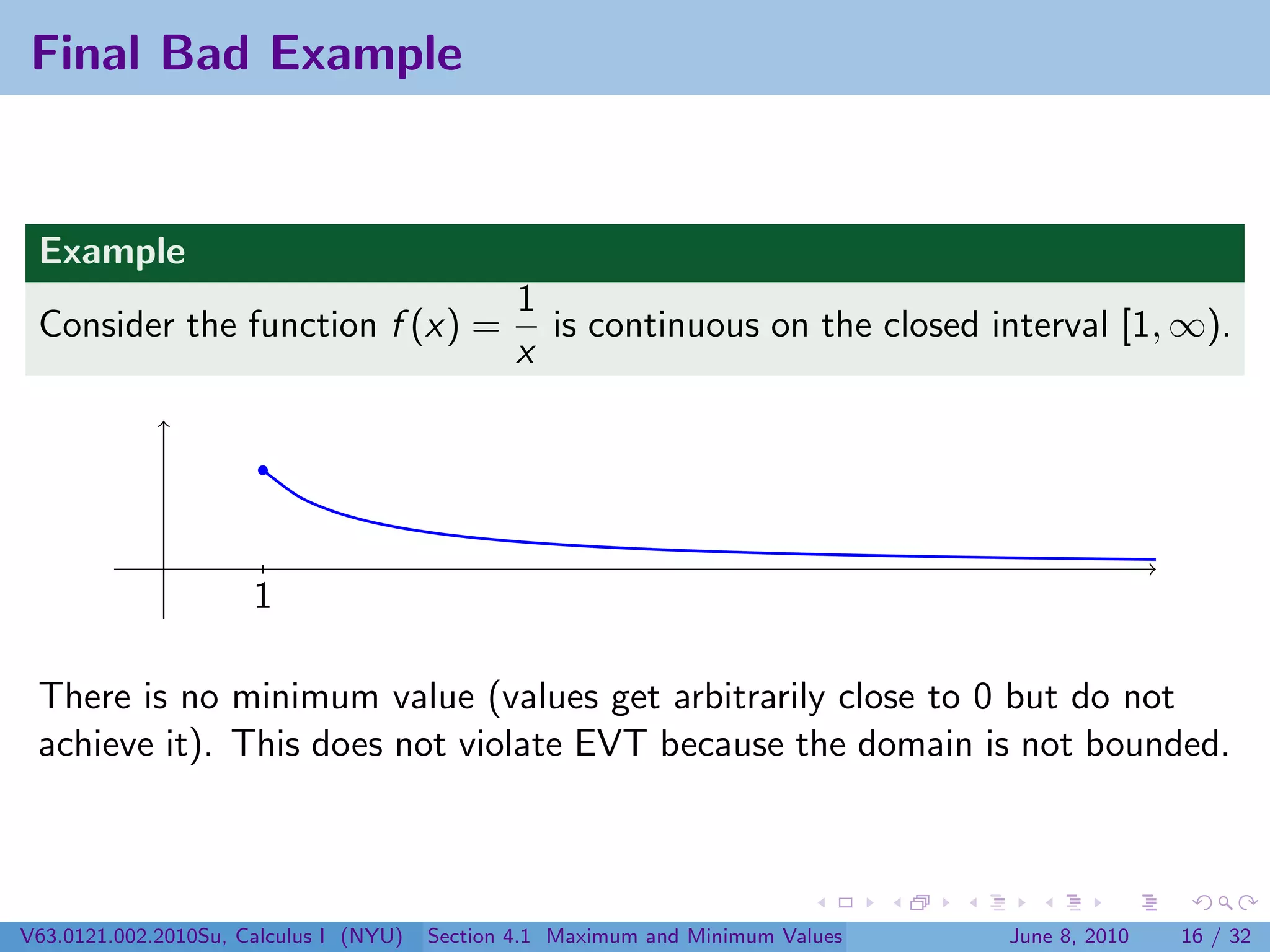 Final Bad Example


 Example
                                                1
 Consider the function f (x) =                    is continuous on the closed interval [1, ∞).
                                                x




                      1

 There is no minimum value (values get arbitrarily close to 0 but do not
 achieve it). This does not violate EVT because the domain is not bounded.



V63.0121.002.2010Su, Calculus I (NYU)   Section 4.1 Maximum and Minimum Values   June 8, 2010   16 / 32
 