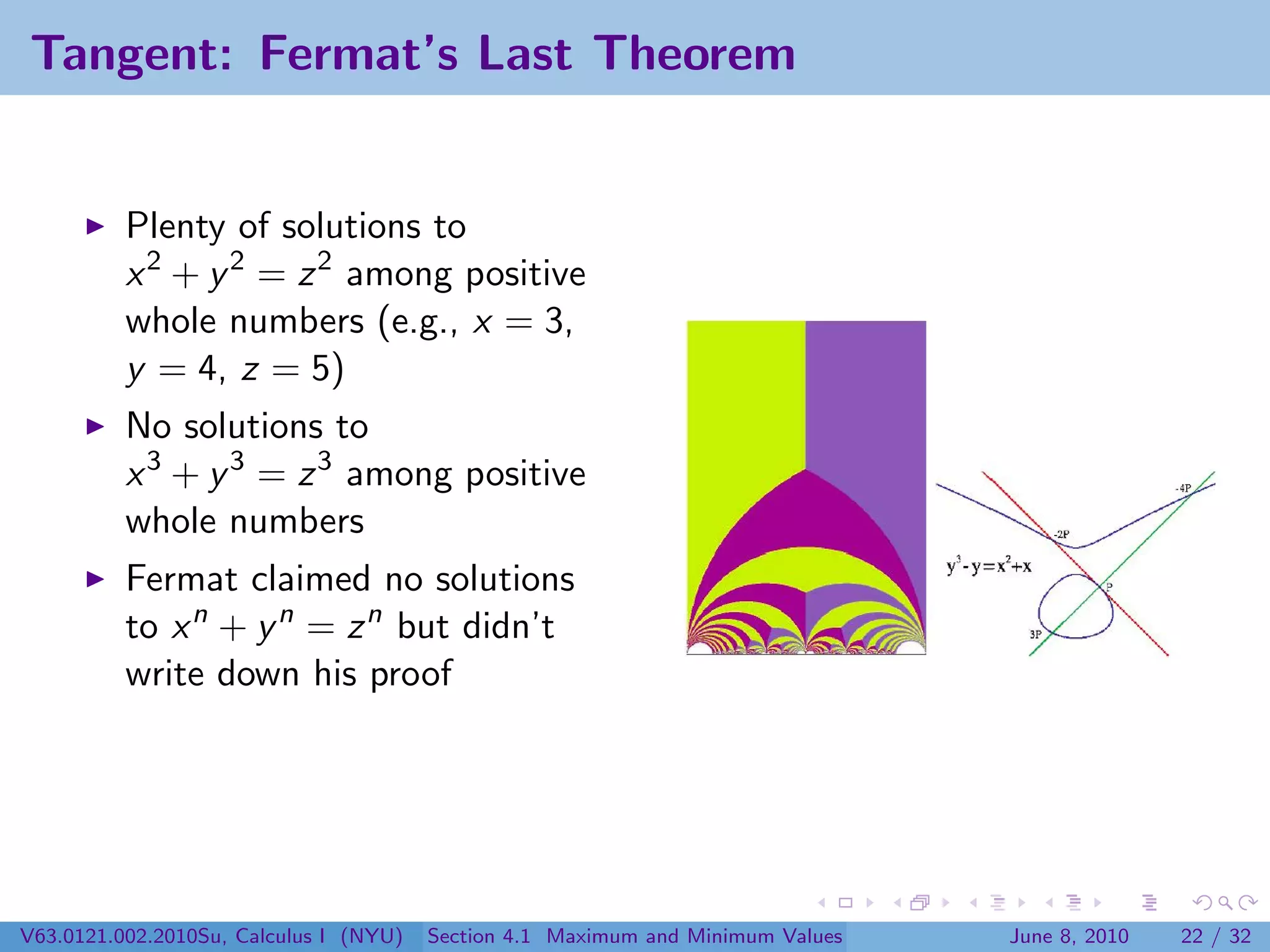 Tangent: Fermat’s Last Theorem


          Plenty of solutions to
          x 2 + y 2 = z 2 among positive
          whole numbers (e.g., x = 3,
          y = 4, z = 5)
          No solutions to
          x 3 + y 3 = z 3 among positive
          whole numbers
          Fermat claimed no solutions
          to x n + y n = z n but didn’t
          write down his proof




V63.0121.002.2010Su, Calculus I (NYU)   Section 4.1 Maximum and Minimum Values   June 8, 2010   22 / 32
 
